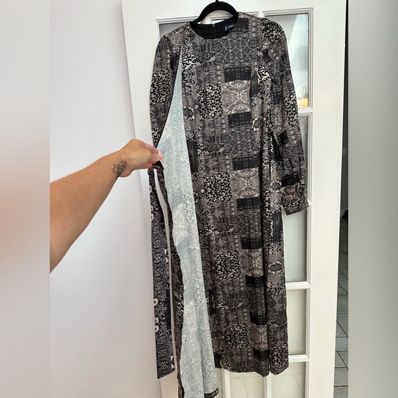 Barelli Black Grey Cream V-Neck Long Sleeve Wrap Gown Dress Size 6 Small S NWT - Picture 4 of 14